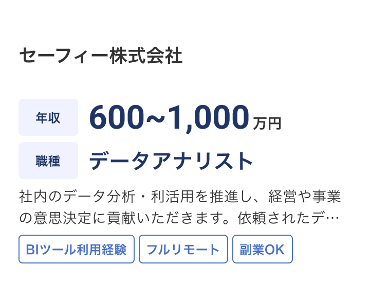 セーフィー株式会社の求人：年収 600~1,000万円 / 職種 データアナリスト / 社内のデータ分析・利活用を推進し、経営や事業の意思決定に貢献いただきます。依頼されたデータを分析するだけではなく、部署横断で事業の成長に向けた課題解決を主体的に推進していくことができます。 / BIツール利用経験 / フルリモート / 副業OK