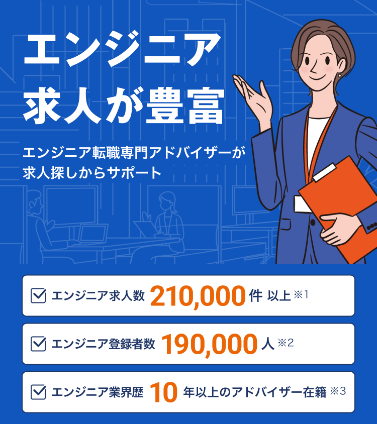 エンジニア求人が豊富 エンジニア転職専門アドバイザーが求人探しからサポート エンジニア求人数210,000件以上(※1) エンジニア登録者数190,000人(※2) エンジニア業界歴10年以上のアドバイザー在籍(※3)